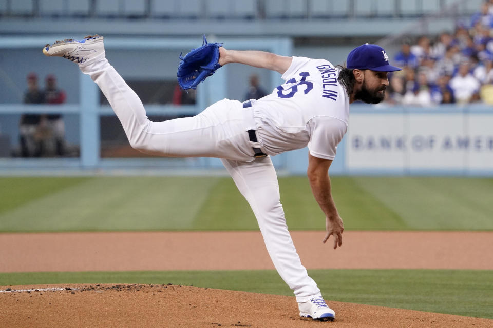 Los Angeles Dodgers starting pitcher Tony Gonsolin throws to the plate during the first inning of a baseball game against the Arizona Diamondbacks Monday, May 16, 2022, in Los Angeles. (AP Photo/Mark J. Terrill)