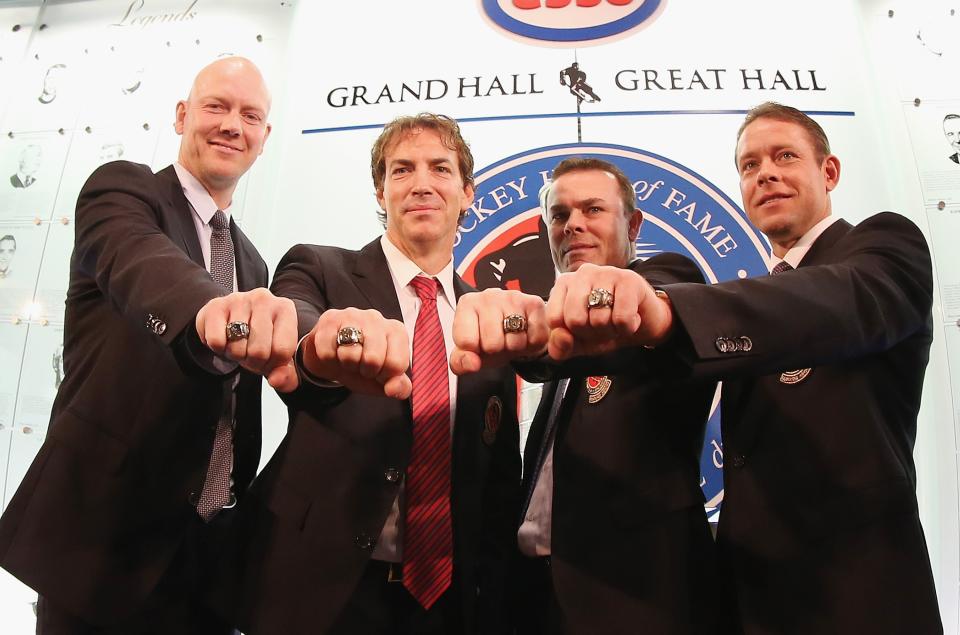 TORONTO, ON - NOVEMBER 12: (L-R) Mats Sundin, Joe Sakic, Adam Oates and Pavel Bure pose for a photo opportunity at the Hockey Hall of Fame on November 12, 2012 in Toronto, Canada. All four are former NHL players who will be inducted into the Hall during a ceremony later today. (Photo by Bruce Bennett/Getty Images)