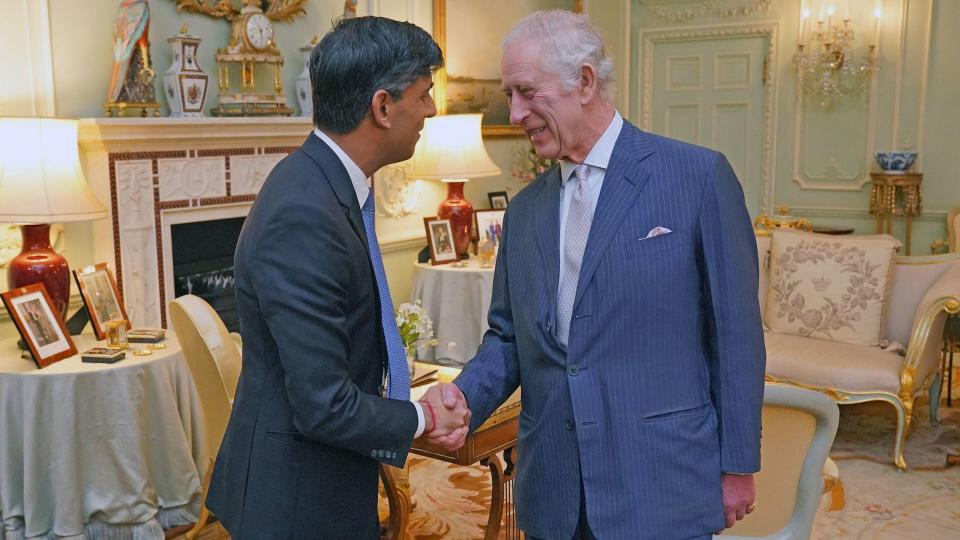 King Charles and Rishi Sunak shaking hands