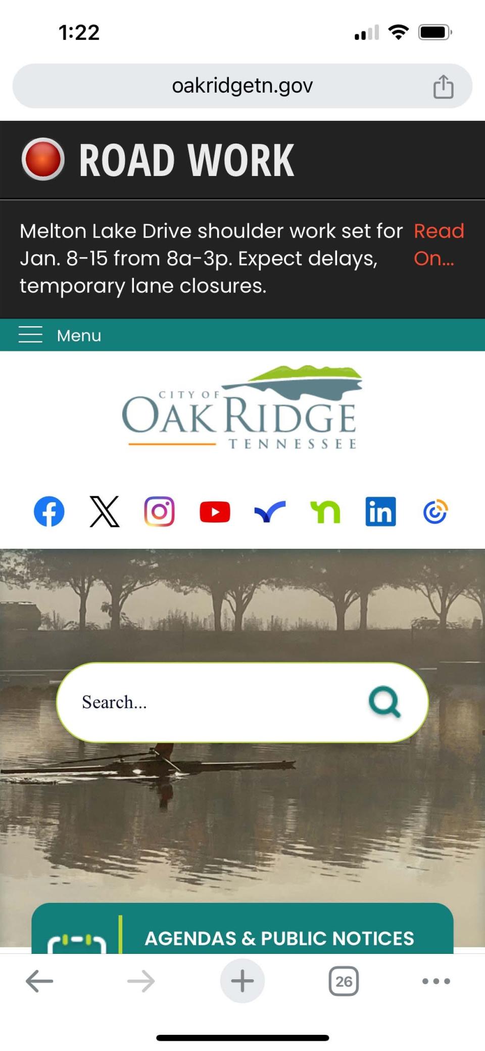 A smartphone screenshot of the city of Oak Ridge's new website. It includes a "breaking news"-type feature such as the link to information on road work at the top of the website.