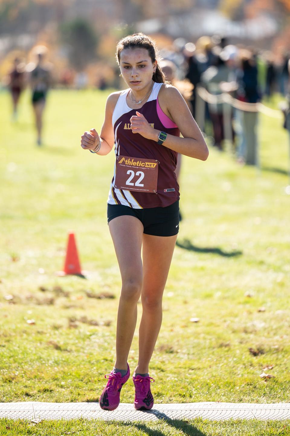 Algonquin's Olivia Guckian takes fourth in the Division 1 girls' race at the Central Mass. XC Championships at Gardner Municipal Golf Course.
