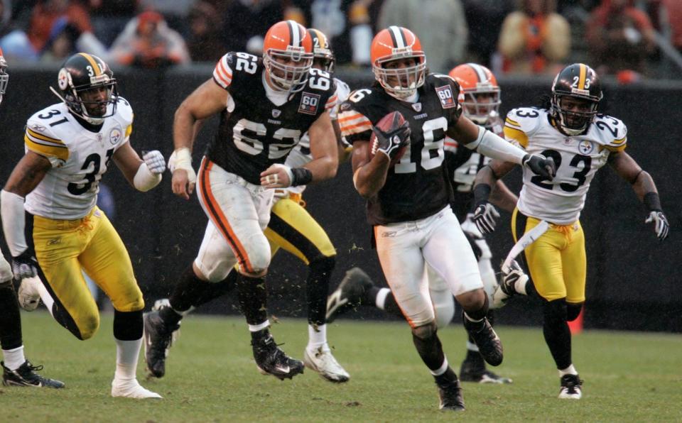 Joshua Cribbs races 92 yards for a touchdown on a fourth-quarter kick return for the Browns, Sunday, Nov 20, 2006, in Cleveland.
