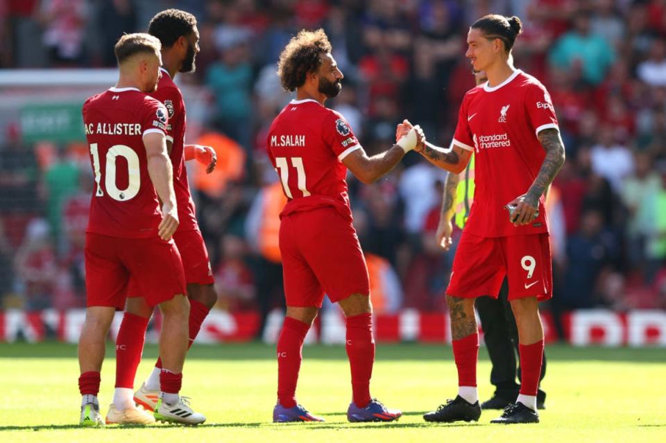 Salah’s goal on Sunday was set up by strike partner Darwin Nunez (right) (Getty)