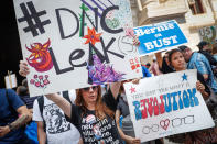 <p>Supporters of Sen. Bernie Sanders make their way around downtown while a protesting, Monday, July 25, 2016, in Philadelphia, during the first day of the Democratic National Convention. (Photo: John Minchillo/AP)</p>