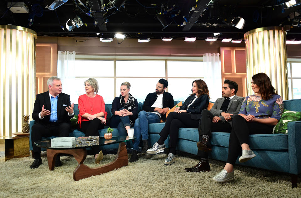 (left to right) Eamonn Holmes, Ruth Langsford, Sharon Marshal, Rylan Clark-Neal, Trinny Woodal, Dr Ranj Singh and Bryony Blake attend the launch of This Morning Live at The London Television Centre, London.