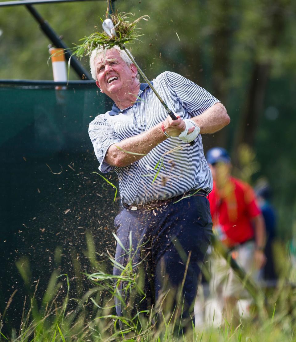 Colin Montgomerie chips out of the rough during the opening round of the U.S. Senior Open on Thursday, June 27, 2019 at Notre Dame's Warren Golf Course in South Bend.