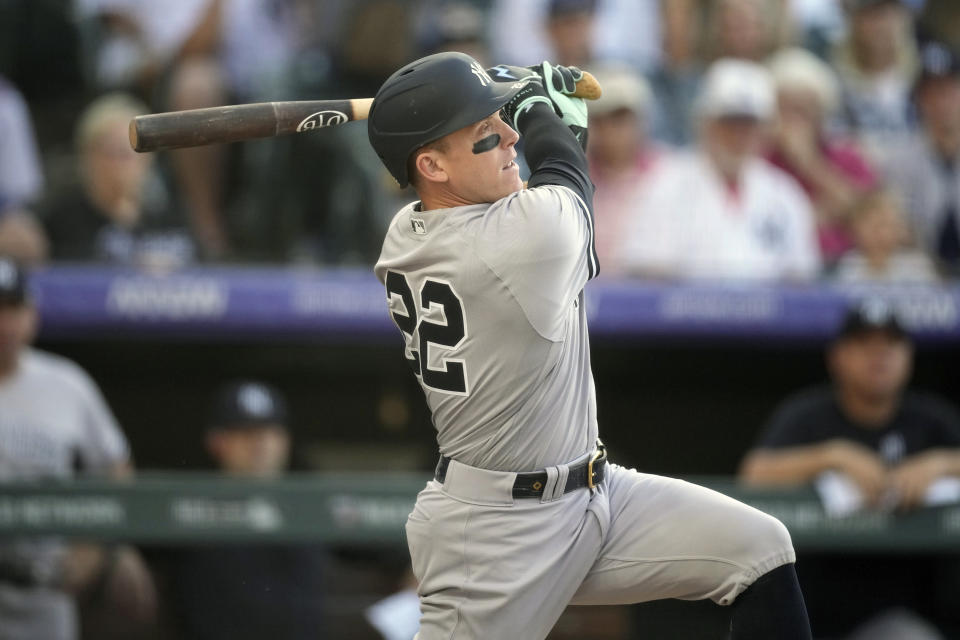 FILE - New York Yankees center fielder Harrison Bader (22) bats in the first inning of a baseball game Friday, July 14, 2023, in Denver. Center fielder Harrison Bader and the New York Mets have agreed to a one-year contract for about $10 million, according to a person familiar with the deal. The person spoke to The Associated Press on condition of anonymity Thursday, Jan. 4, 2024, because the move was pending a physical and had not been announced by the team. (AP Photo/David Zalubowski, File)