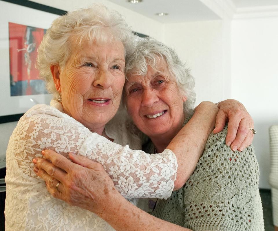 Twin sisters, Ann Hunt, left, of Aldershot, England and Liz Hamel, of Albany, Oregon, both 78, reunite May 1, 2014 at the Fullerton Marriott for the first time since 1936, when they were they were separated at five-months-old in Aldershot, England. Their meeting was arranged by Dr. Nancy Segal of California State University, Fullerton, who is conducting a long-term study of twins. Segal describes them as the world's longest-separated twins. (AP Photo/Orange County Register, Leonard Ortiz) MANDATORY CREDIT, LEONARD ORTIZ, ORANGE COUNTY REGISTER.