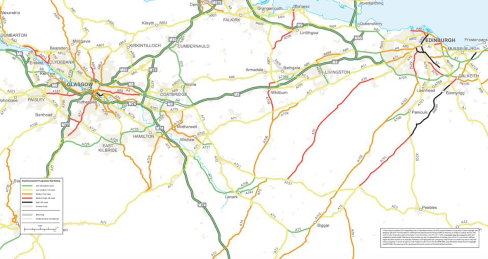 Some of Scotland's high-risk roads are highlighted on this map (Road Safety Foundation)