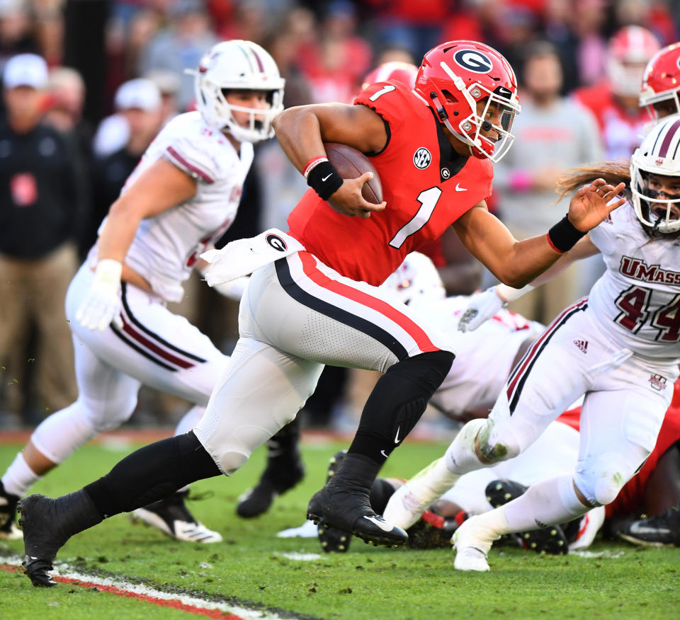 Justin Fields is exploring a transfer from Georgia but will play in the team’s Sugar Bowl matchup against Texas. (Photo by Scott Cunningham/Getty Images)