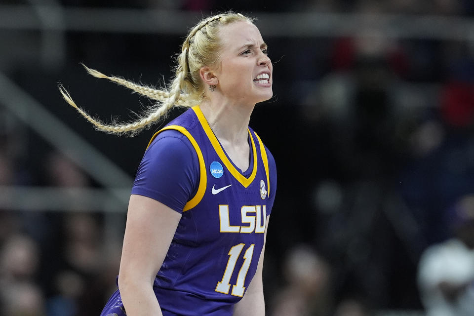 LSU guard Hailey Van Lith (11) reacts during the third quarter of an Elite Eight round college basketball game against Iowa during the NCAA Tournament, Monday, April 1, 2024, in Albany, N.Y. (AP Photo/Mary Altaffer)