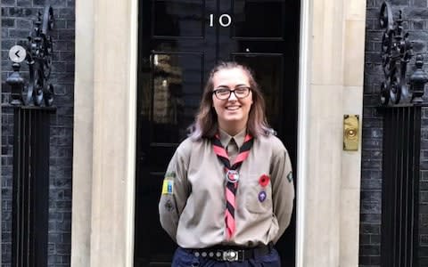 Jodie in her Scouts uniform outside 10 Downing Street