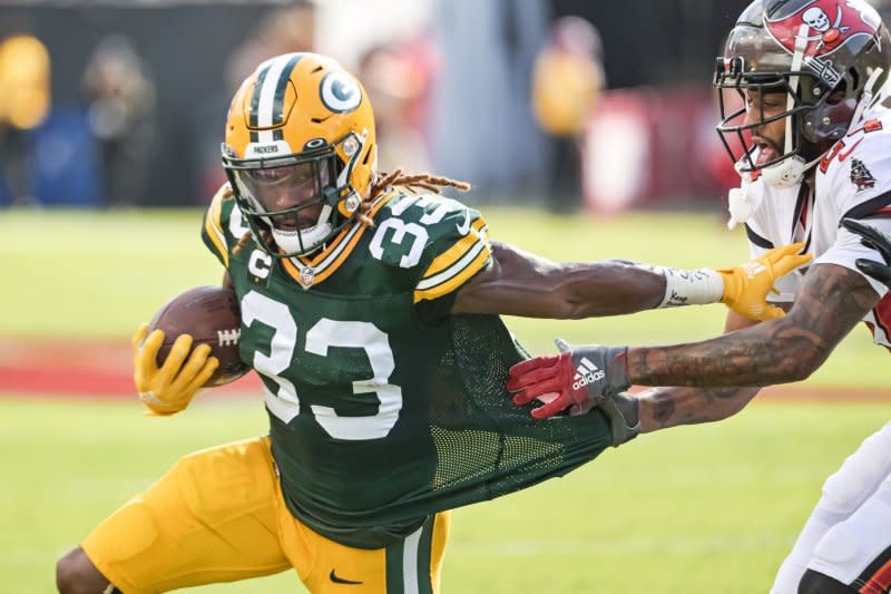 Veteran running back Aaron Jones (L) totaled 63 touchdowns in 97 games for the Green Bay Packers. File Photo by Steve Nesius/UPI