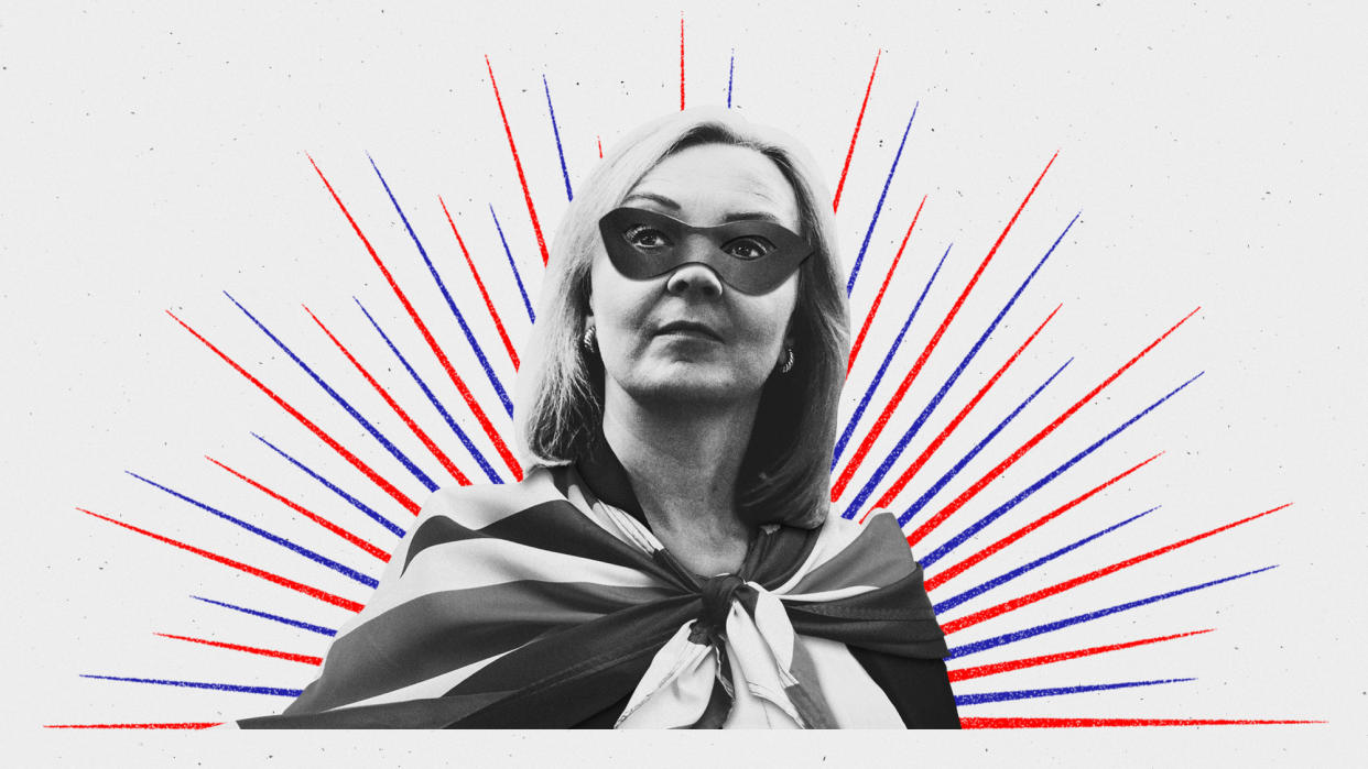  Illustration of Liz Truss dressed as a superhero with a Union Jack cape. 