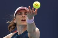 Mar 20, 2019; Miami Gardens, FL, USA; Andrea Petkovic of Germany serves against Amanda Anisimova of the United States (not pictured) in the first round of the Miami Open at Miami Open Tennis Complex. Geoff Burke