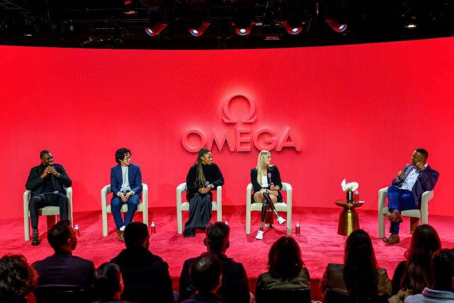 OMEGA Panel Discussion With Olympic Ambassadors Allyson Felix, Noah Lyles, Oksana Masters and Nathan Chen At The Planet Omega Exhibition Launch