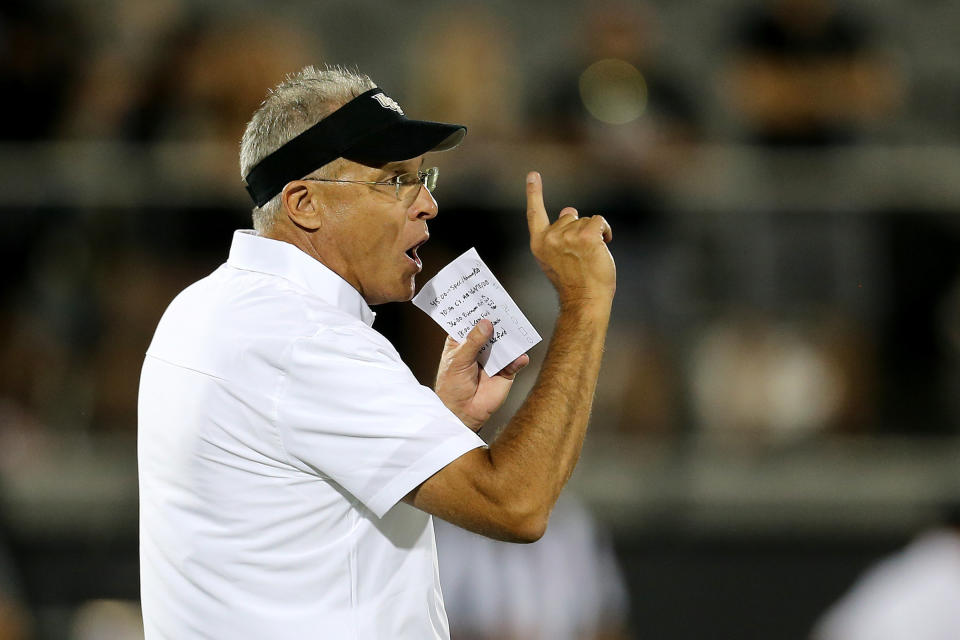 ORLANDO, FL - SEPTEMBER 02:   Head coach Gus Malzahn of the UCF Knights is seen during warm ups against the Boise State Broncos at the Bounce House on September 2, 2021 in Orlando, Florida. (Photo by Alex Menendez/Getty Images)