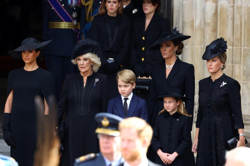 The Duchess of Sussex, Queen Consort, Prince George, Princess Charlotte, the Princess of Wales, and Sophie, Countess of Wessex outside Westminster Abbey (Getty Images)