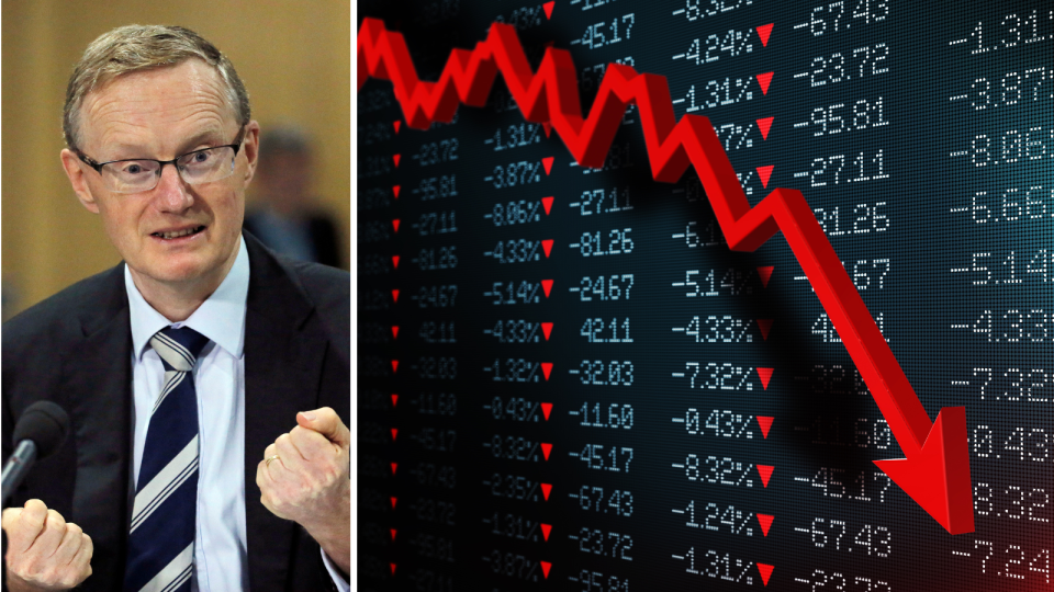 Composite image of RBA governor Philip Lowe, and a red arrow across a chart of falling stock prices, symbolising a recession..