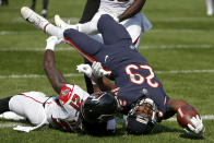 <p>Chicago Bears running back Tarik Cohen (29) dives to the end zone for a touchdown as he is tackled by Atlanta Falcons cornerback Desmond Trufant (21) during the second half of an NFL football game, Sunday, Sept. 10, 2017, in Chicago. (AP Photo/Nam Y. Huh) </p>