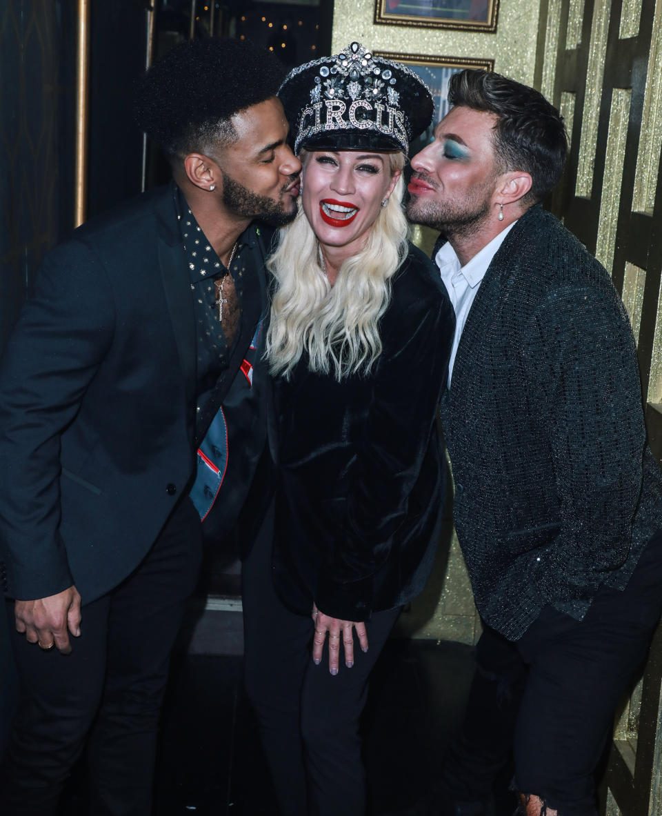 Rodrigo Reis, Denise Van Outen and Duncan James are seen backstage at the Cabaret All Stars New Year's Eve Show in London. (Photo by Brett Cove/SOPA Images/LightRocket via Getty Images)