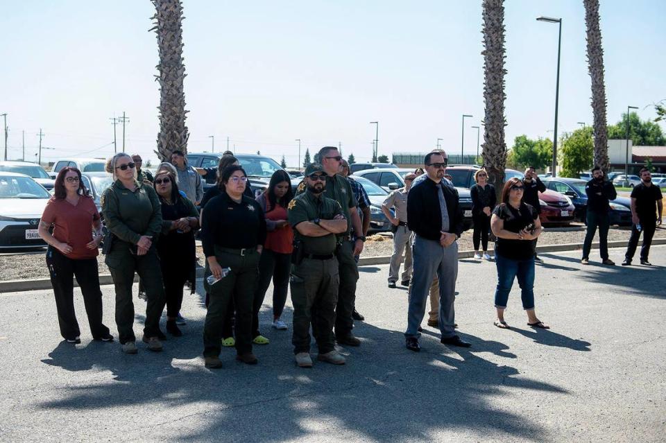 Law enforcement personnel look on during a groundbreaking ceremony for a two-phase construction project to upgrade the John Latorraca Correctional Center located off of Sandy Mush Road in Merced County, Calif., on Tuesday, Sept. 19, 2023.