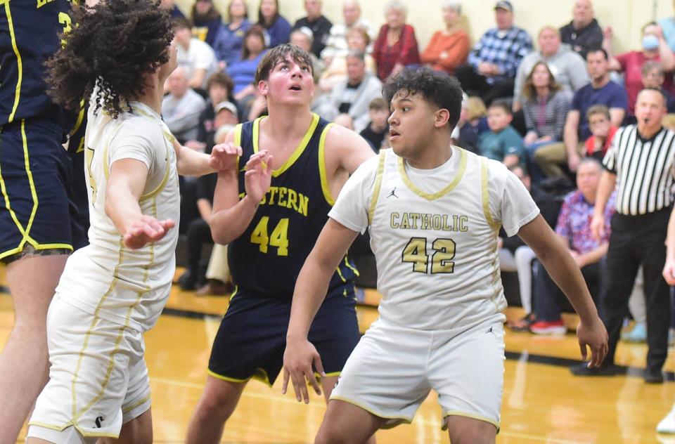 Eastern York's Justin Strausbaugh fights for a rebound against Berks Catholic in Tuesday's 51-44 road win in the District 3 Class 4A semifinals.