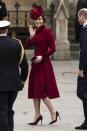 <p>Kate chose a burgundy Catherine Walker <a href="https://www.townandcountrymag.com/society/tradition/a31139621/kate-middleton-red-coat-dress-commonwealth-service-photos/" rel="nofollow noopener" target="_blank" data-ylk="slk:coat dress;elm:context_link;itc:0;sec:content-canvas" class="link ">coat dress</a> for 2020's Commonwealth Day celebrations. She paired the elegant look (which she <a href="https://www.townandcountrymag.com/style/fashion-trends/a25634345/kate-middleton-red-coat-christmas-day-photos/" rel="nofollow noopener" target="_blank" data-ylk="slk:also wore on Christmas in 2018;elm:context_link;itc:0;sec:content-canvas" class="link ">also wore on Christmas in 2018</a>) with matching pumps and a red, floral hat. </p>