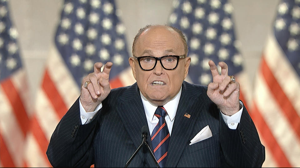 In this image from video, former New York City Mayor Rudy Giuliani, personal attorney to President Donald Trump speaks from New York, during the fourth night of the Republican National Convention on Thursday, Aug. 27, 2020. (Courtesy of the Committee on Arrangements for the 2020 Republican National Committee via AP)