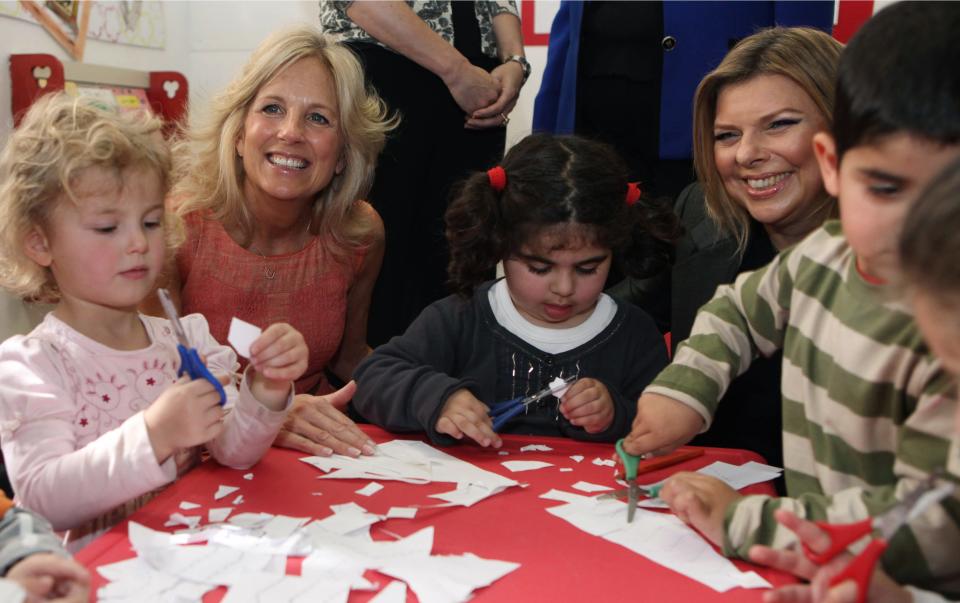 Jill Biden, wife of President Joe Biden, second left, and Sara Netanyahu, wife of Israeli Prime Minister Benjamin Netanyahu, visit a pre-school for Christian, Jewish and Muslim children at the YMCA in Jerusalem Tuesday, March 9, 2010, when Joe Biden was vice president.