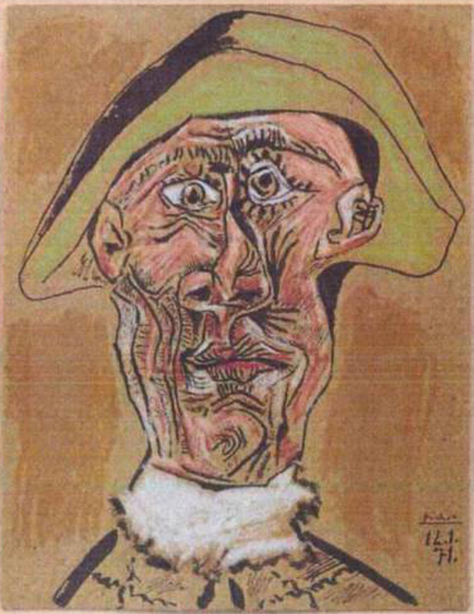 File - This photo released by the police in Rotterdam, Netherlands, on Tuesday, Oct. 16, 2012, shows the 1971 painting 'Harlequin Head' by Pablo Picasso. Romanian authorities have arrested three suspects in last year's multimillion euro (dollar) theft of paintings by Picasso, Matisse, Monet and others from a Netherlands art gallery, Dutch police said Tuesday, Jan. 22, 2013, but the stolen works have not been recovered. The seven pieces were swiped by thieves in October in a late night raid at the Kunsthal gallery in downtown Rotterdam. It was the biggest art theft in more than a decade in the Netherlands. The stolen works have an estimated value of tens of millions of dollars if they were sold at auction, but art experts said that would be impossible following the theft. (AP Photo / Police Rotterdam, File)