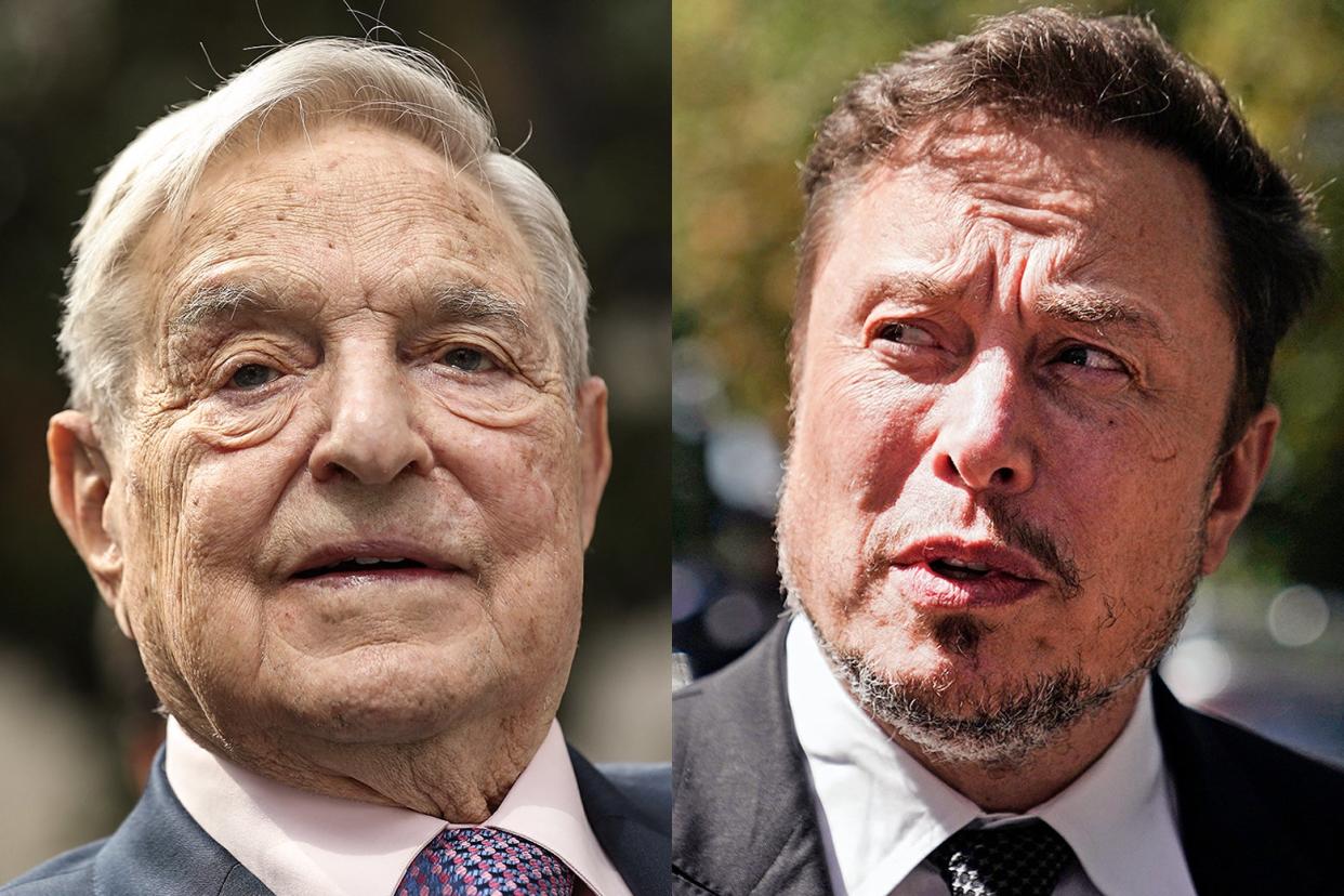 a diptych of George Soros and Elon Musk.