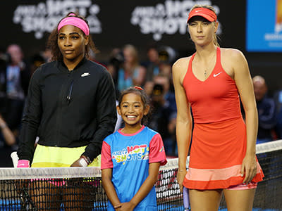 Serena Williams and Maria Sharapova pose for photos pre-game.
