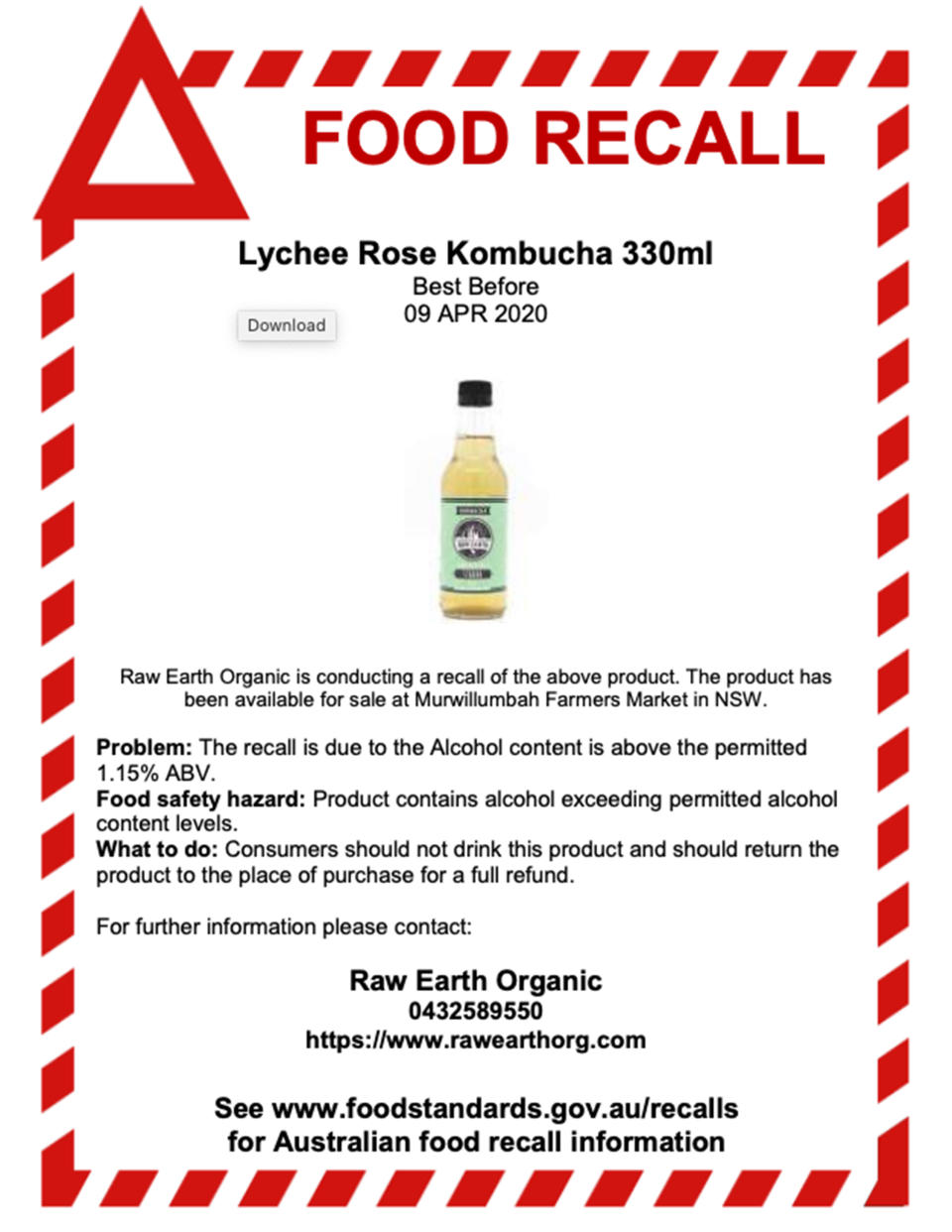 Raw Earth Organic Kombucha issued a food recall of its Lychee Rose flavour. Pictured is the food recall notice.