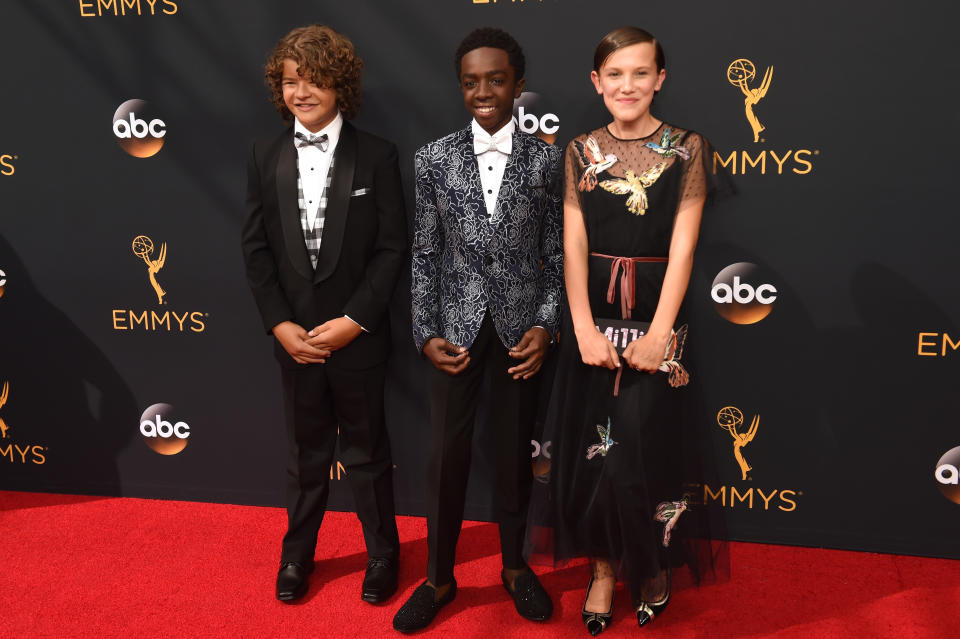 LOS ANGELES, CA - SEPTEMBER 18:  (L-R) Actors Gaten Matarazzo, Caleb McLaughlin, and Millie Bobby Brown attend the 68th Annual Primetime Emmy Awards at Microsoft Theater on September 18, 2016 in Los Angeles, California.  (Photo by Jeff Kravitz/FilmMagic)