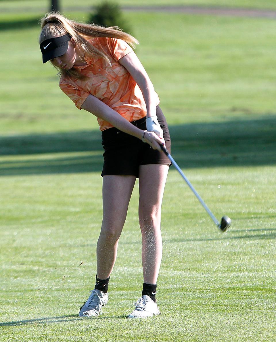 Kyah Huckleberry hits a shot during day two of the Times-Gazette Junior Golf tournament Thursday, July 22, 2021 at Brookside Golf Course. TOM E. PUSKAR/TIMES-GAZETTE.COM