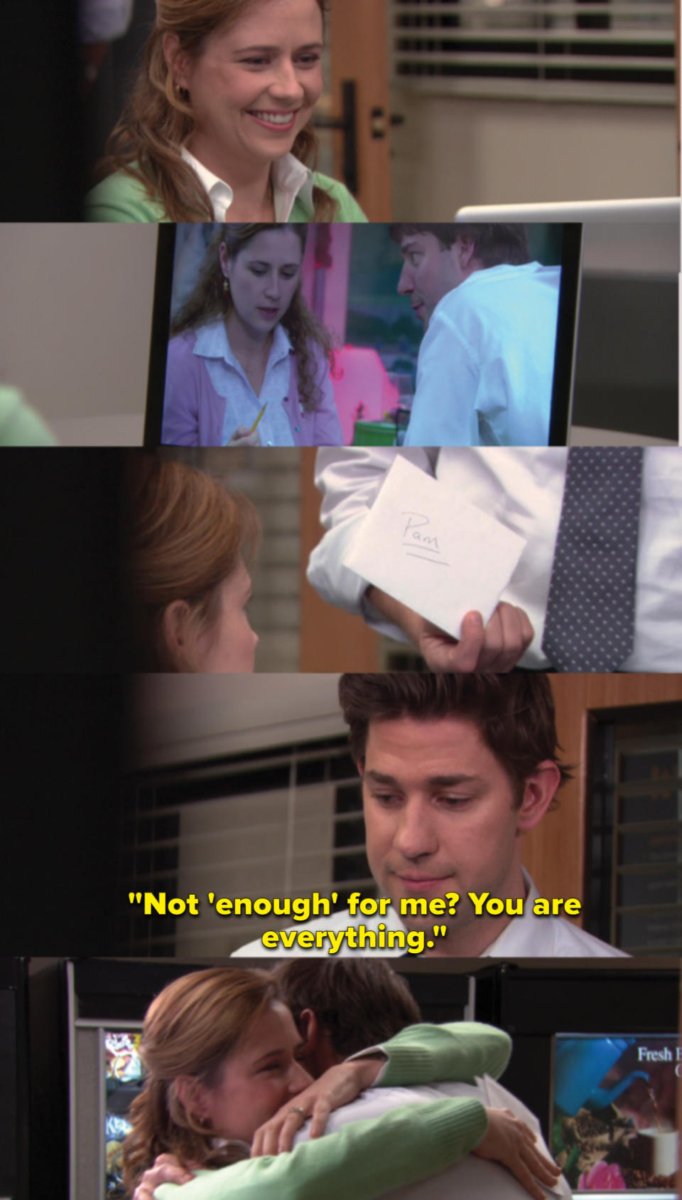 Pam Beelsy wears a brightly colored sweater, Jim Halpert holds a note with Pam's name on it, and a close of the two of them hugging