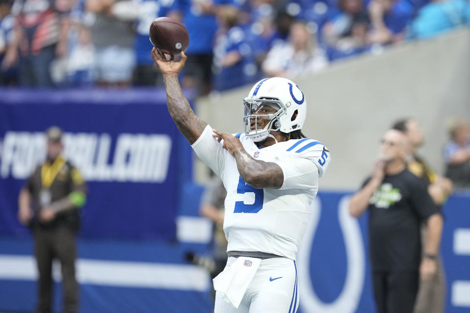 Indianapolis Colts quarterback Anthony Richardson warms up for the team's NFL preseason football game against the Chicago Bears in Indianapolis, Saturday, Aug. 19, 2023. (AP Photo/Darron Cummings)