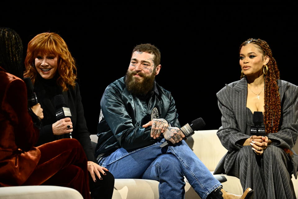 Singers Reba McEntire, Post Malone, and Andra Day speak during a press conference ahead of Super Bowl LVIII in Las Vegas on February 8, 2024.<span class="copyright">Patrick T. Fallon–AFP via Getty</span>