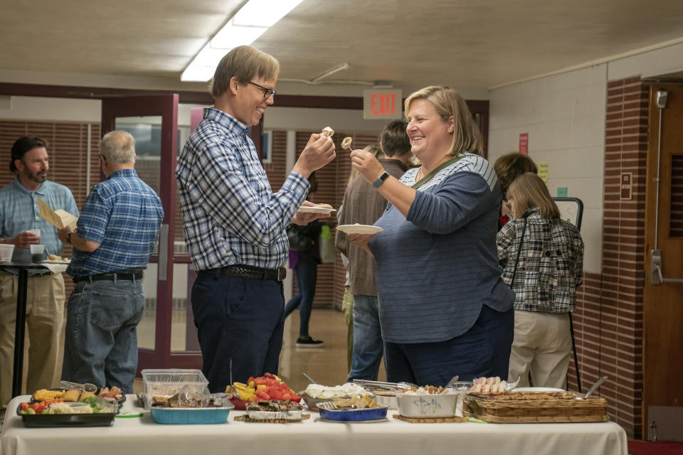 This image released by HBO shows Jeff Hiller, left, and Bridget Everett in a scene from the comedy series "Somebody Somewhere." (HBO via AP)