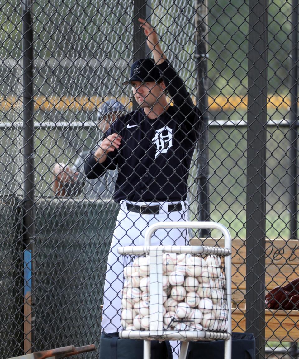 Tigers pitcher Casey Mize waits his turn to throw live batting practice during Detroit Tigers spring training on Monday, March 14, 2022, at TigerTown in Lakeland, Florida.