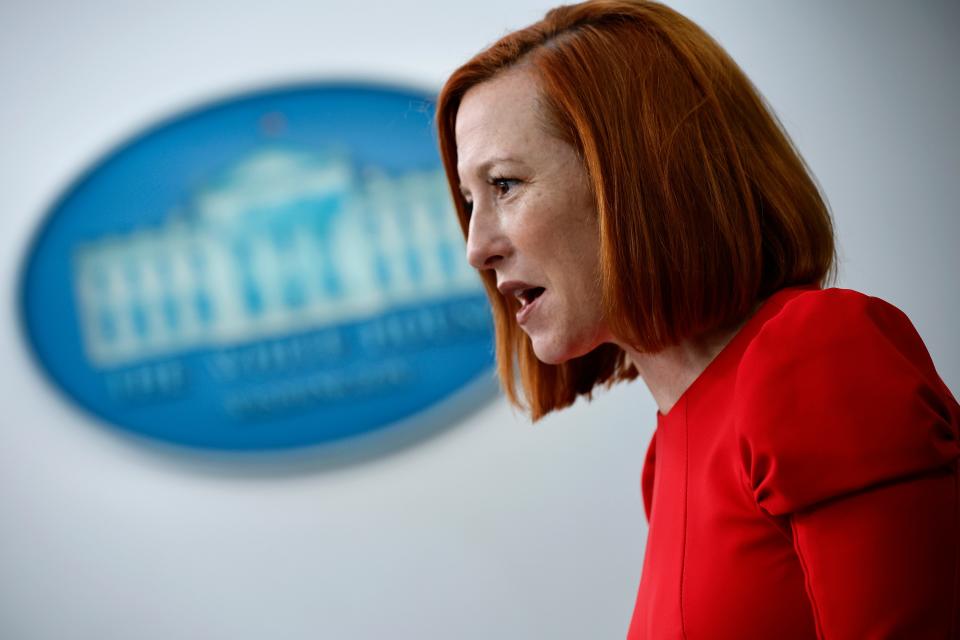 WASHINGTON, DC - JANUARY 20: White House Press Secretary Jen Psaki conducts the daily press conference in the Brady Press Briefing Room at the White House on January 20, 2022 in Washington, DC.