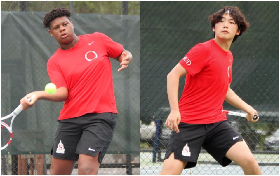 The Springfield High tennis doubles team of Noah Williams, left, and David Lu advanced to the quarterfinals of the IHSA state finals on Friday.