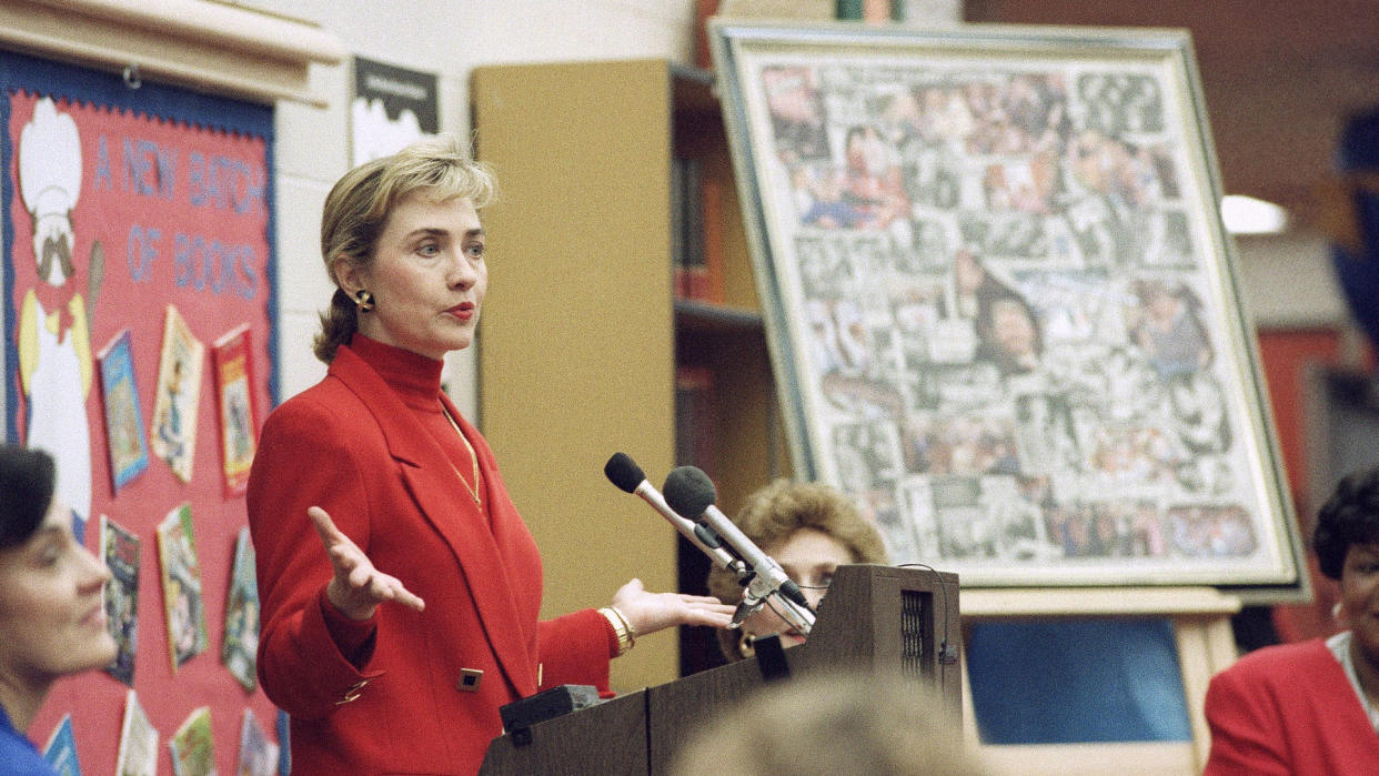 Hillary Clinton speaks to students at the Winthrop Rockefeller Elementary School in Little Rock, Arkansas