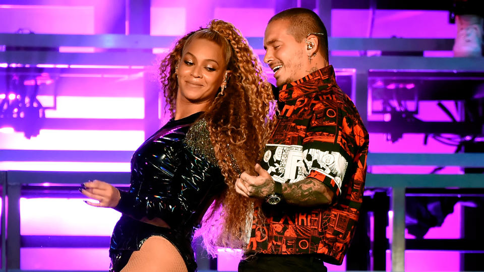 <span>Beyoncé</span> Knowles and J Balvin perform onstage during the 2018 Coachella Valley Music And Arts Festival. (Photo: Kevin Mazur/Getty Images for Coachella)