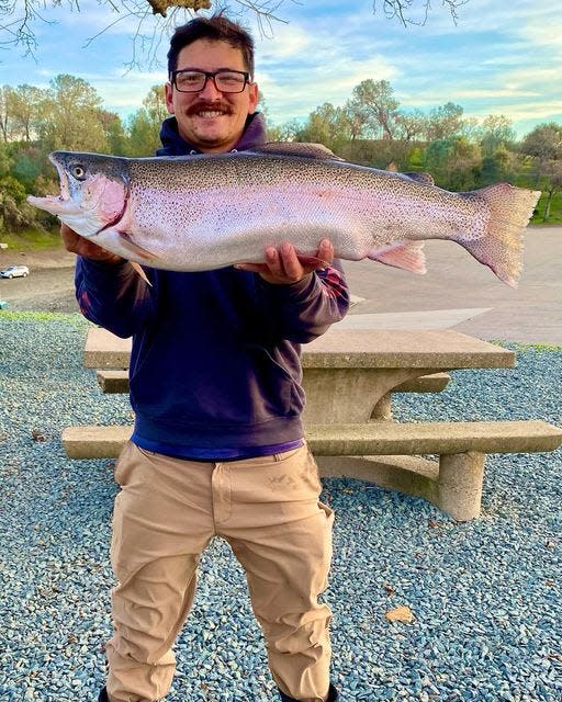 Kris Pettitt landed this monster cutbow weighing 12.92 pounds while fishing a shad jig from a kayak at Lake Amador on January 15, 2024.