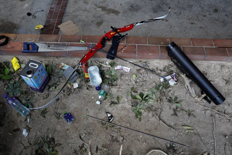 Items left behind by protesters are seen at Hong Kong Polytechnic University (PolyU) in Hong Kong, China