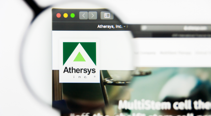 Illustrative Editorial of biotech Athersys Inc (ATHX) website homepage. Athersys Inc logo visible on display screen.