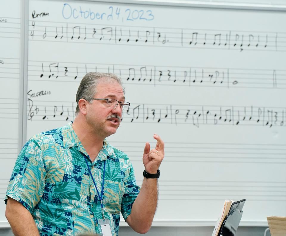 Matanzas High School Choir Director Jens Oliva during practice at the school in Palm Coast, Tuesday, Oct. 24, 2023.