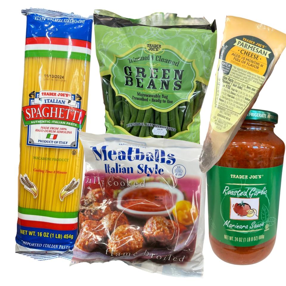 Pack of dried spaghetti noodles, bag of green beans, bag of meatballs, a wedge of yellow cheese, and a jar of tomato sauce